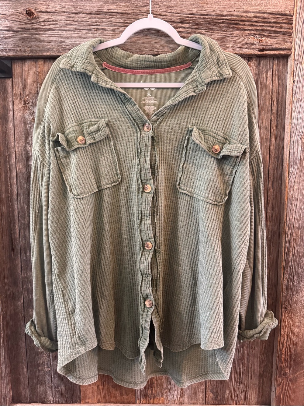 SO Sage Green Waffle Knit Button Up Shacket Top XL | Oversized Boho Casual